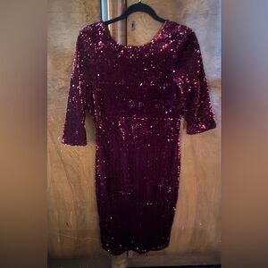 Lila Rose Deep Red Sequin 3/4 Long Sleeve lined Dress
